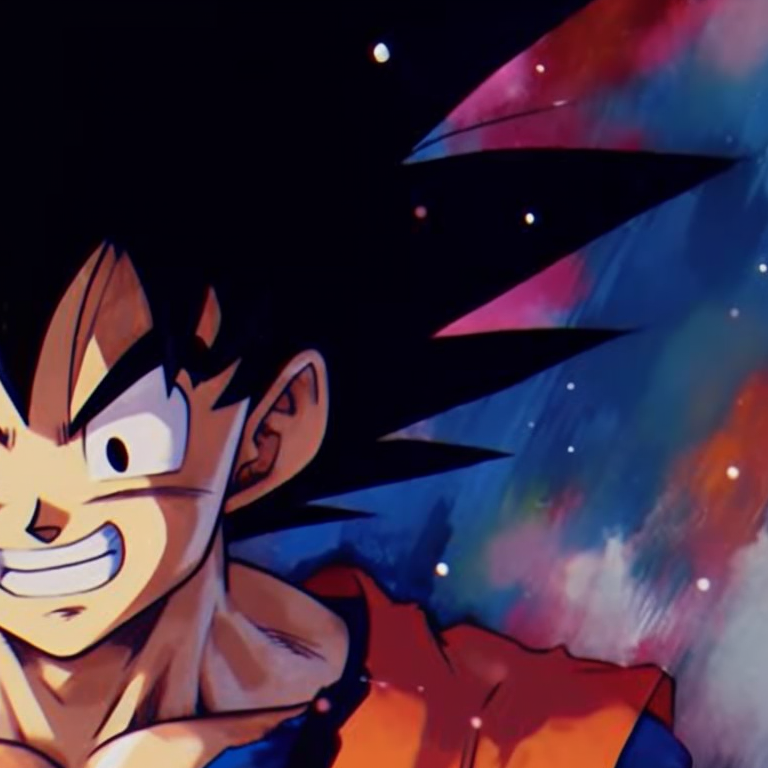 Goku and Chichi in battle stances, dynamic lines and sharp color contrasts. goku and chichi dragon ball art pfp for discord.