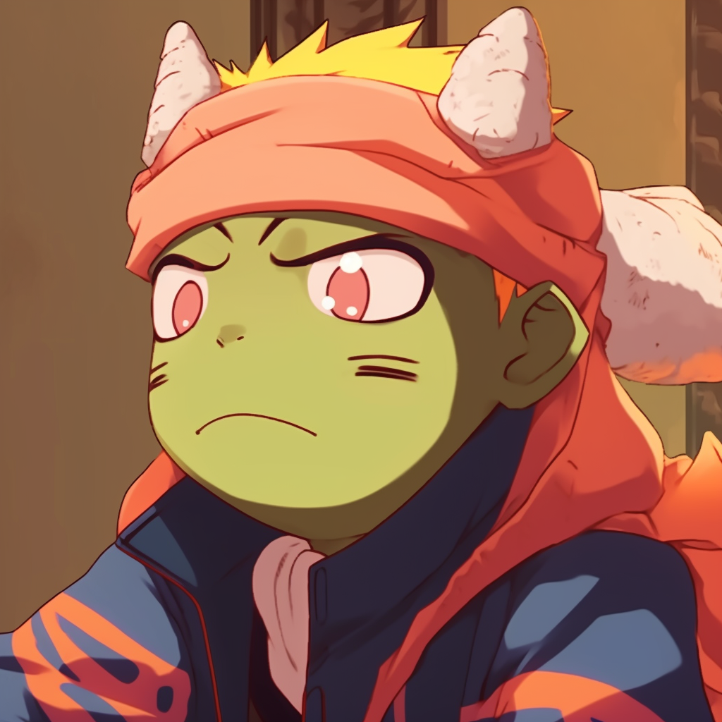 Close-up portrait of Pepe the Frog as Naruto, showcasing fine detail work and high anatomical fidelity pfp featuring anime meme pfp for discord.
