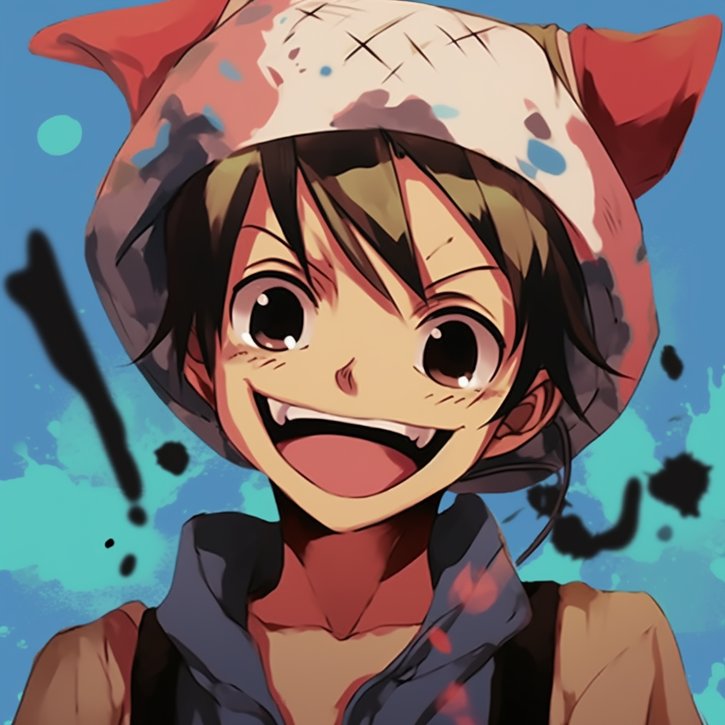 Luffy in a candid laughter pose, natural lines and radiant colors. brainstorming funny anime pfps