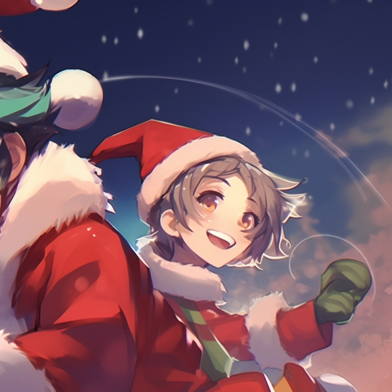 Two characters in matching elf outfits, with rich, vibrant colors and a workshop background. creative matching christmas aesthetic pfp pfp for discord.