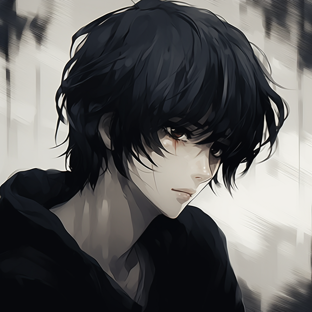 Close-up of a sullen anime boy, intricate facial details and subdued colors. depressed anime boy pfp collection