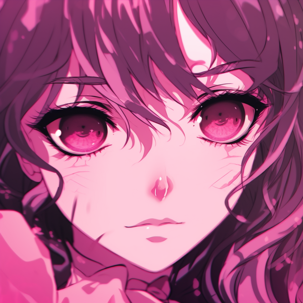 Detailed anime face expression imbued in a dark pink aura, attention to eyes and hair accents. dark tones in pink anime pfp