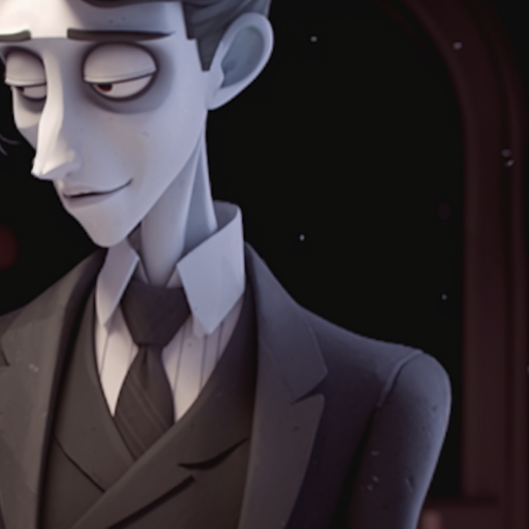 Victor and Emily in formal wedding attires, ethereal aura and pale shades. victor and emily corpse bride matching pfp pfp for discord.