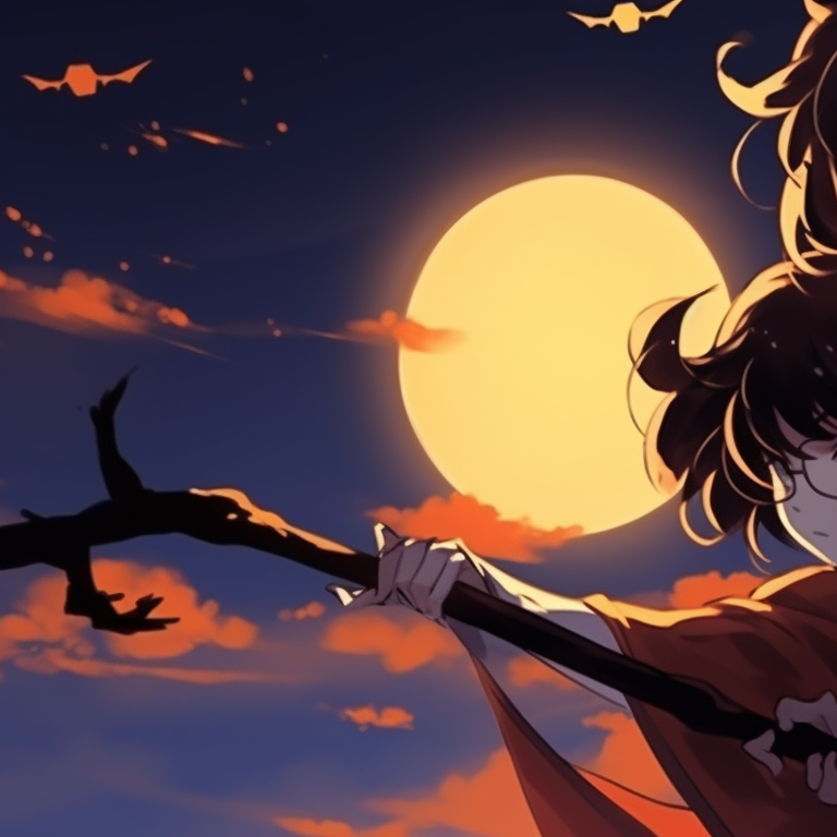 A character donned in a jester costume with sharp piercings eyes, another character laughing manically in a clown outfit. anime halloween pfp ideas pfp for discord.