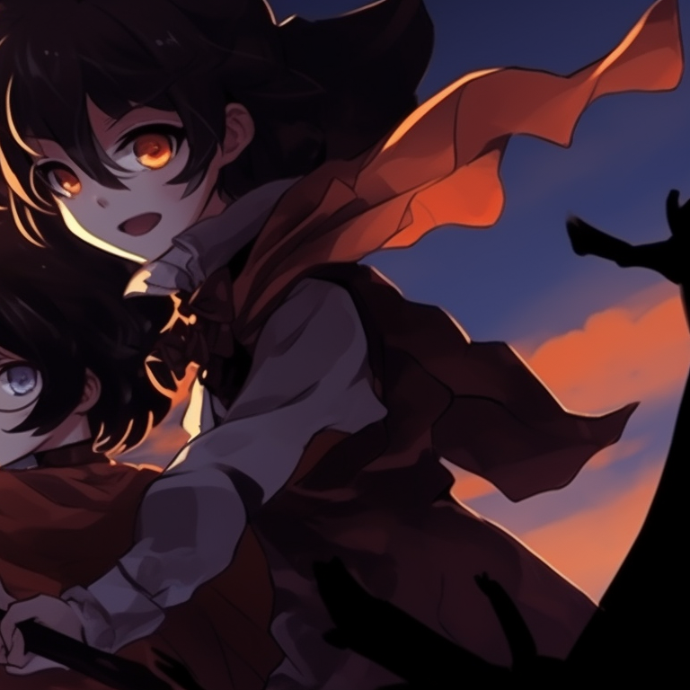 A character donned in a jester costume with sharp piercings eyes, another character laughing manically in a clown outfit. anime halloween pfp ideas pfp for discord.