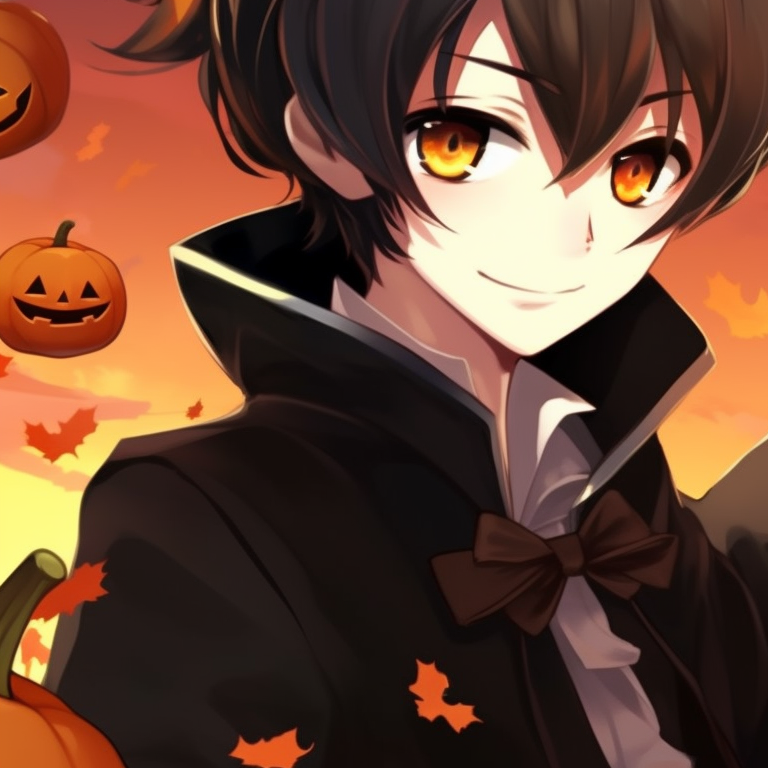 Two anime characters sharing a glance under an autumn tree, soft twilight colors enhancing the romantic mood. thanksgiving matching pfp with halloween theme for her pfp for discord.