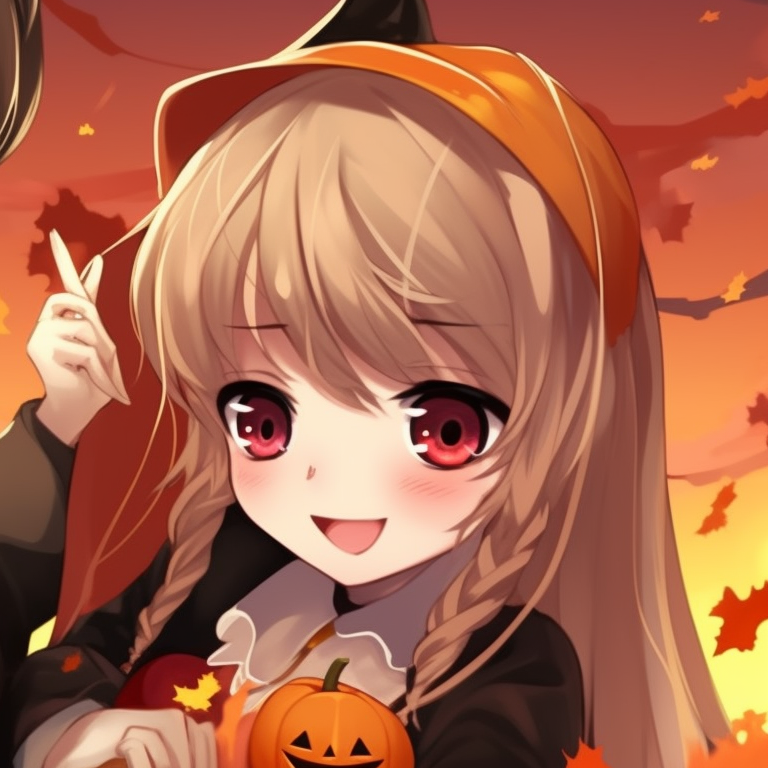 Two anime characters sharing a glance under an autumn tree, soft twilight colors enhancing the romantic mood. thanksgiving matching pfp with halloween theme for her pfp for discord.