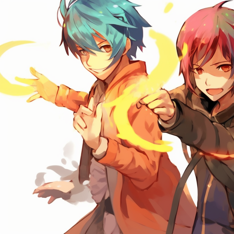 Three characters in battle poses, dynamic lines and vivid colors. creative matching trio pfp styles pfp for discord.