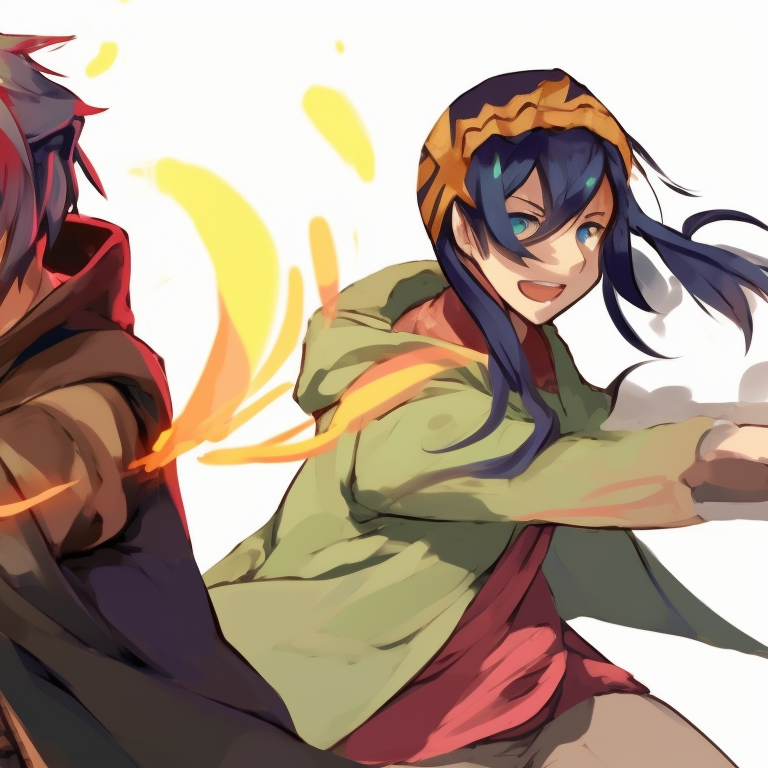 Three characters in battle poses, dynamic lines and vivid colors. creative matching trio pfp styles pfp for discord.