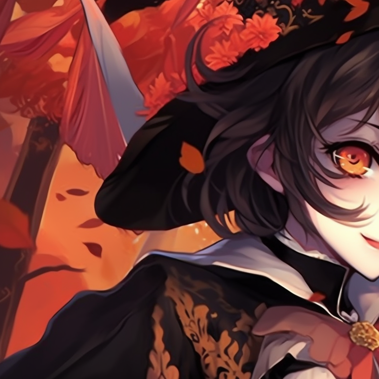 Two characters in masquerade masks, flamboyant costumes and vibrant hues, holding hands subtly. top matching pfp for couples in anime halloween theme pfp for discord.