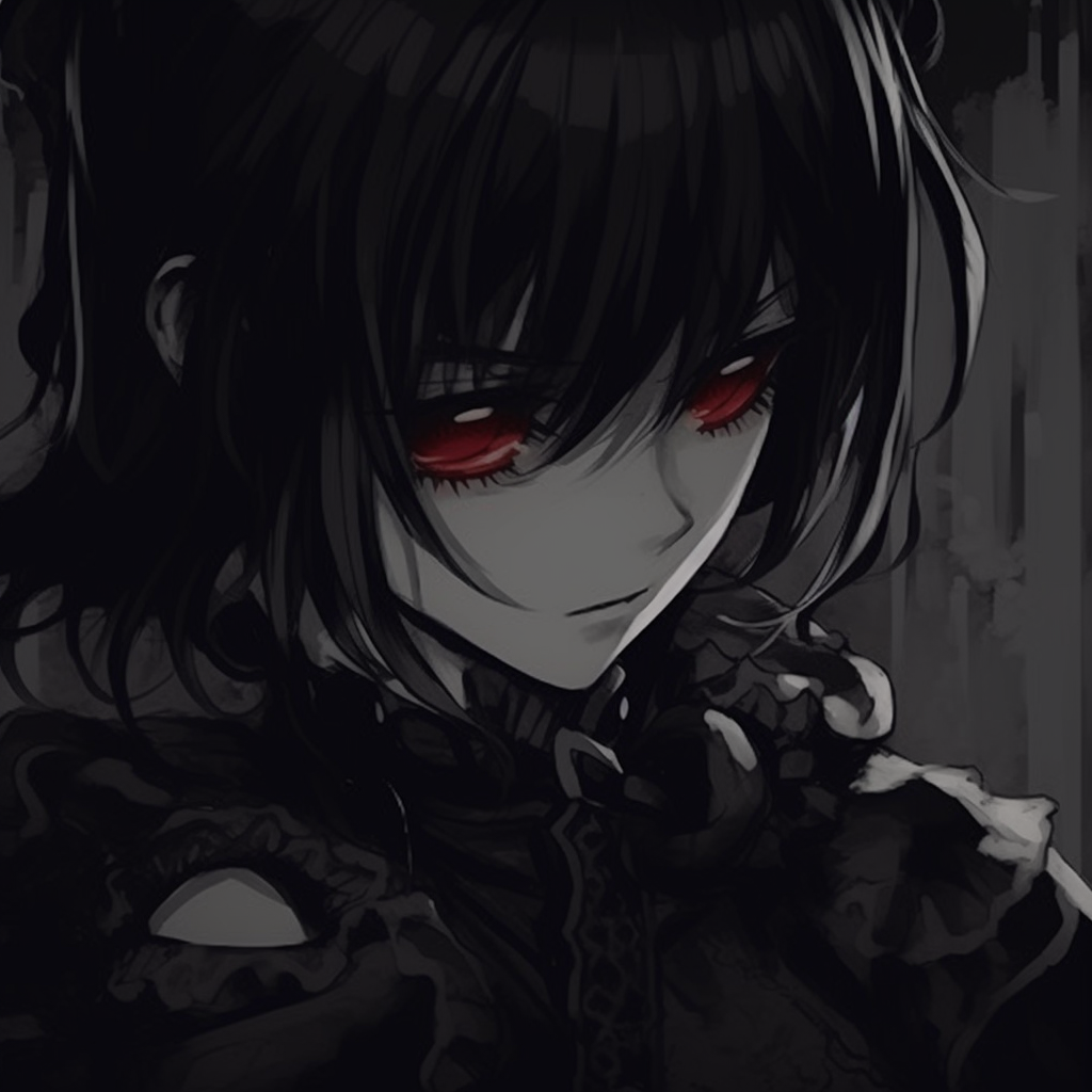Close-up of a mysterious Lolita, focus on her intense red eyes and pale skin in stark contrast with the surrounding darkness. cute darkness anime pfps pfp for discord.