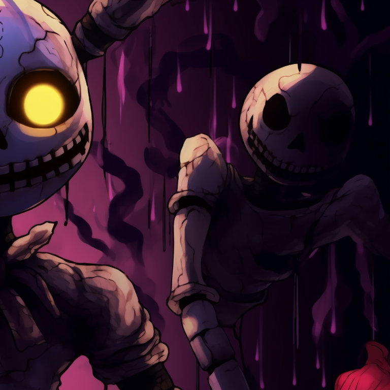 Two Fnaf characters in matching Halloween outfits, decorated with sinister aspects. halloween theme fnaf matching pfp variations pfp for discord.