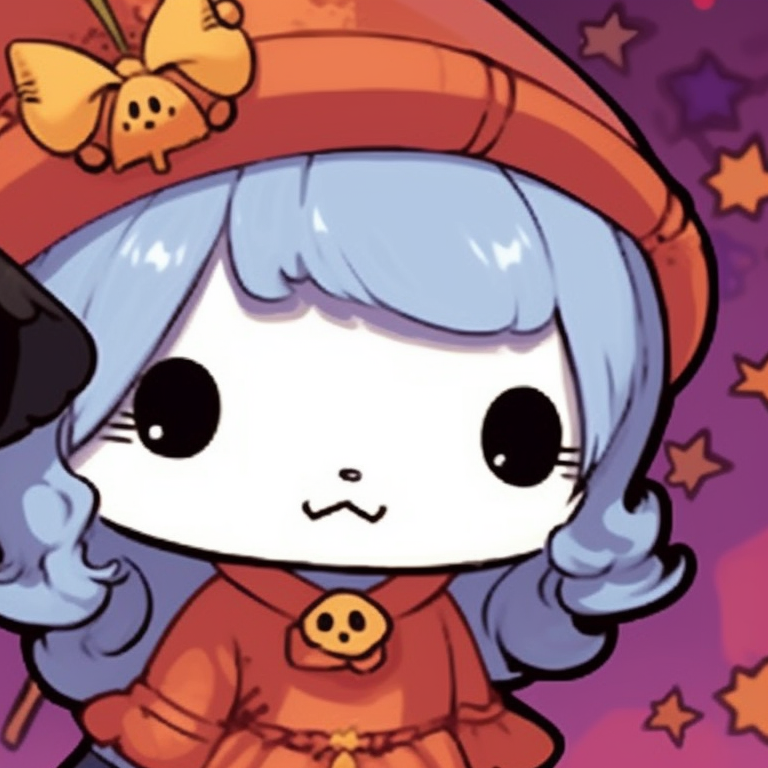 Two Sanrio characters, wearing spooky yet cute costumes, a star-filled background. sanrio halloween themed matching pfp pfp for discord.
