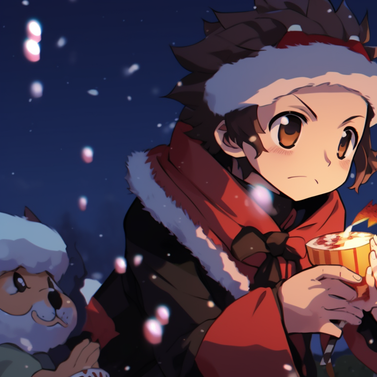 Shinobu and Zenitsu in a snow-blanketed setting, vibrant colors and active snowfall. demon slayer christmas pfp ideas pfp for discord.