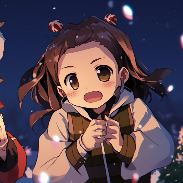 Shinobu and Zenitsu in a snow-blanketed setting, vibrant colors and active snowfall. demon slayer christmas pfp ideas pfp for discord.