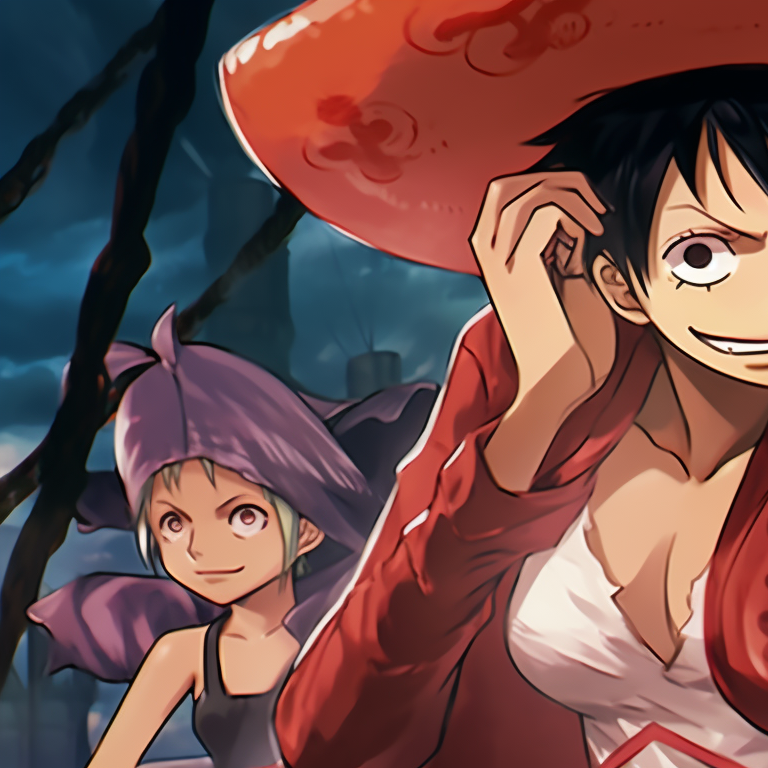 Luffy and Nami wearing ghoul-themed costumes, sharp lines and bright colors create a fun, festive atmosphere. matching pfp with luffy and nami theme pfp for discord.