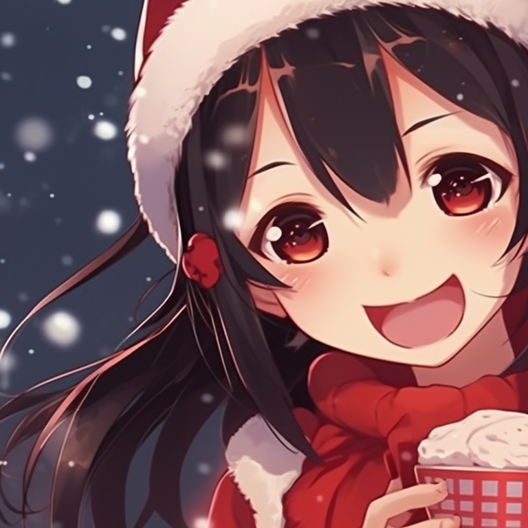 Two anime girls under a mistletoe, one girl reaching for the other's hand, done in a touching emotions and soft color tones. favorite matching christmas anime girl pfp pfp for discord.