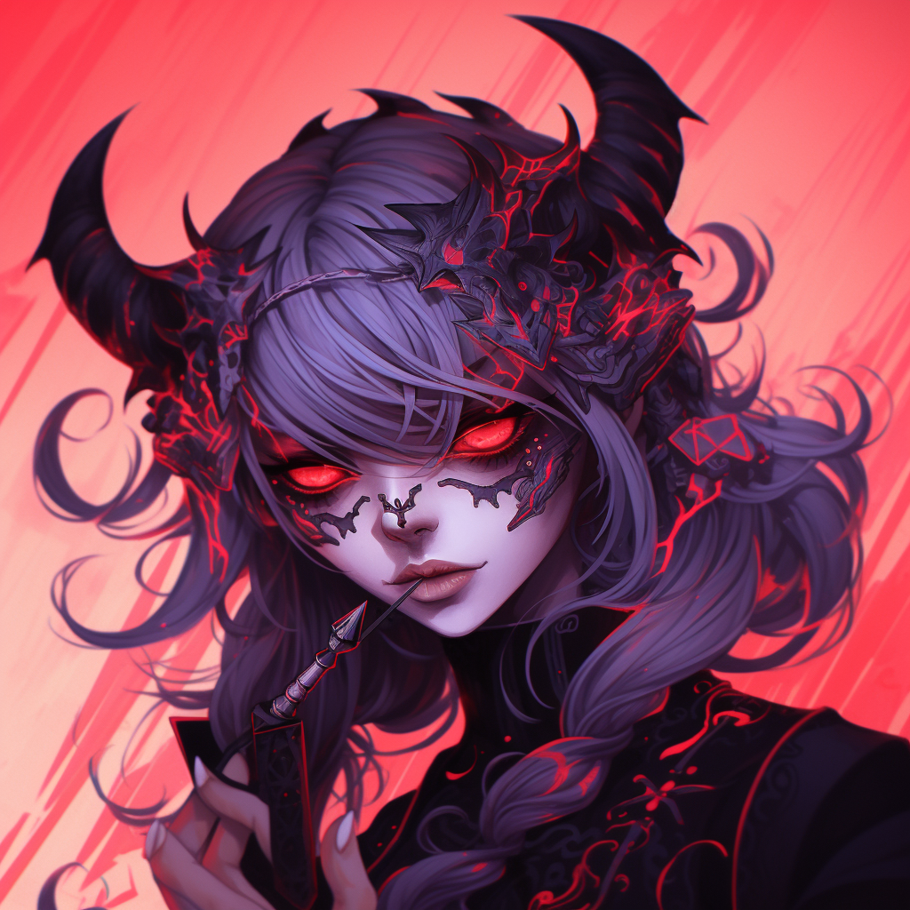A profile of a menacing Demon Girl adorned with red horns, meticulous shading and vivid colors. demon girl anime pfp pfp for discord.