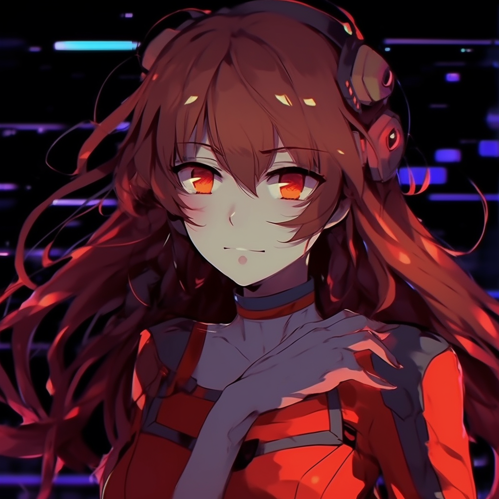 Close-up of Asuka's determined face, high contrast and expressive eyes. unique crazy anime pfp ideas pfp for discord.