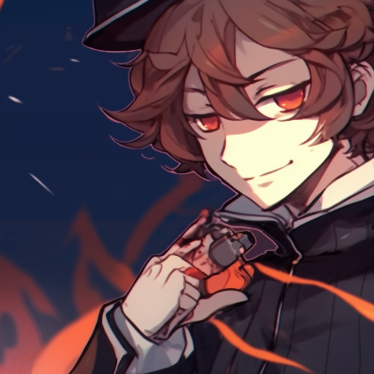 Two characters in Halloween-themed outfits with intense gazes, surrounded by dark macabre elements. soukoku matching pfp halloween theme pfp for discord.