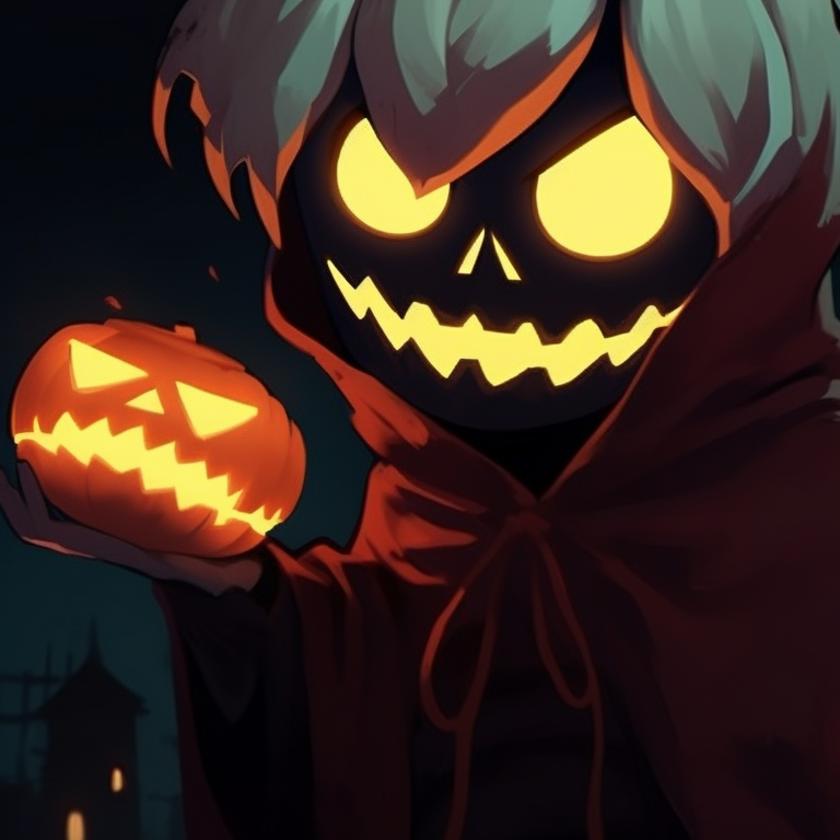 Two characters holding glowing jack-o'-lanterns, contrasted against a dark, moody background. halloween inspired non anime matching pfp pfp for discord.