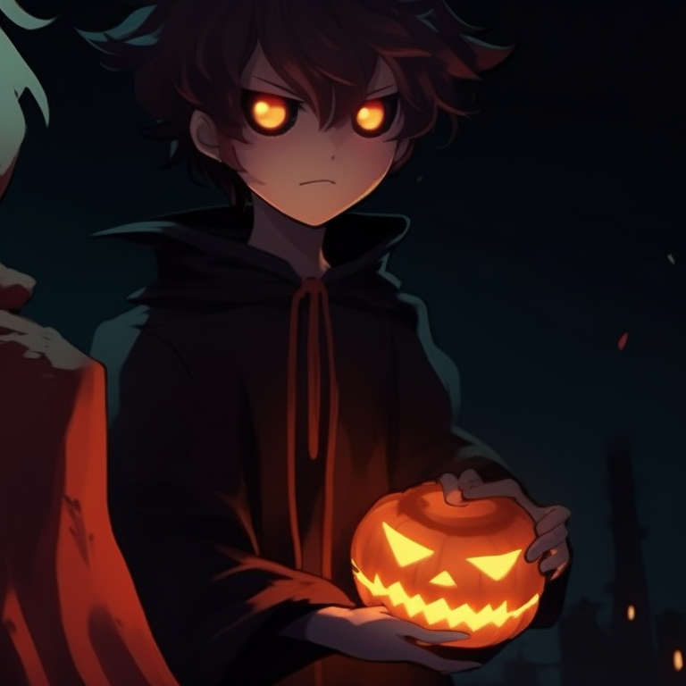 Two characters holding glowing jack-o'-lanterns, contrasted against a dark, moody background. halloween inspired non anime matching pfp pfp for discord.