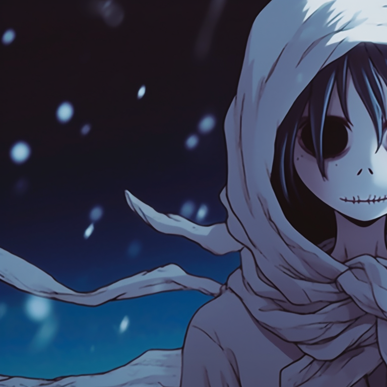 Two characters in winter attire, snowy backdrop with ghostly figures looming, cool color palette. spooky christmas matching pfp designs pfp for discord.