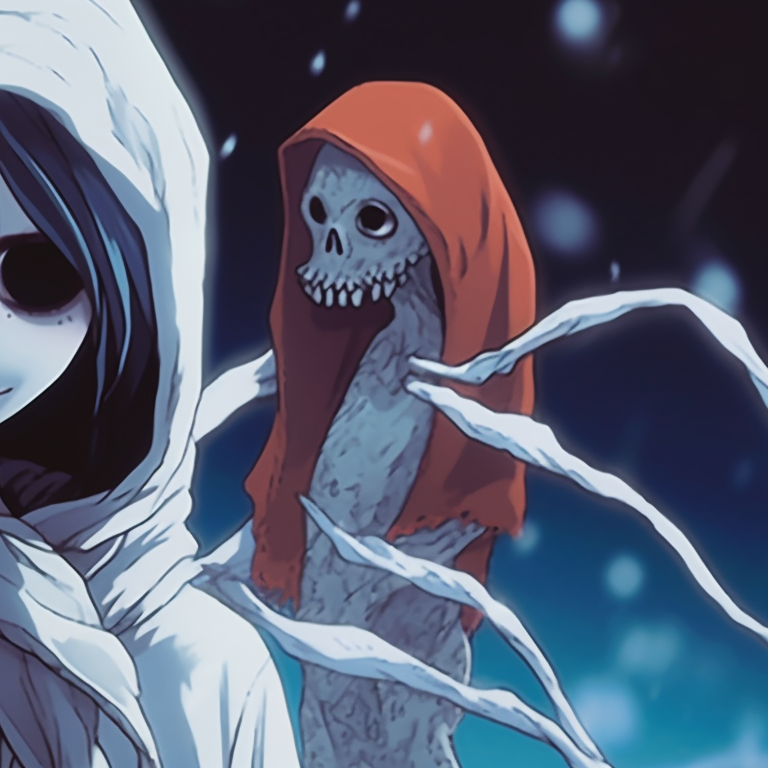 Two characters in winter attire, snowy backdrop with ghostly figures looming, cool color palette. spooky christmas matching pfp designs pfp for discord.
