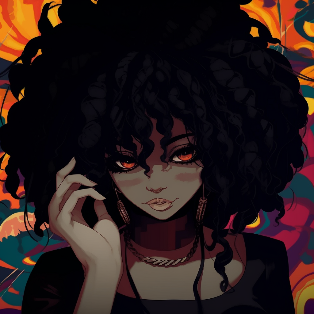 Chibi style Afro Girl with exaggerated features and bright tones animated black girl pfp pfp for discord.
