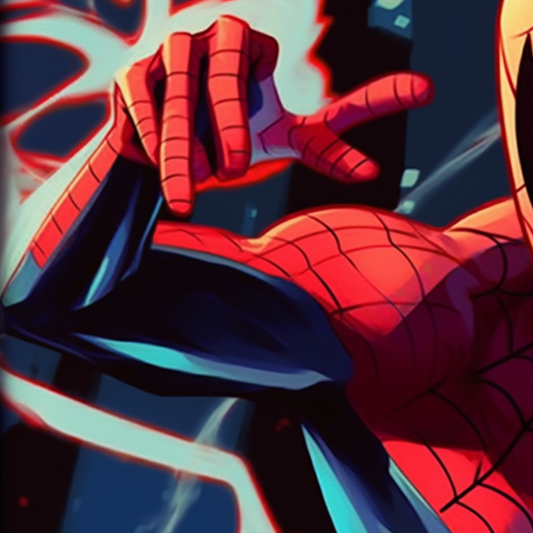 Two Spiderman characters in action poses against a city backdrop, vivid colors and dynamic lines. cartoon matching spiderman pfp pfp for discord.
