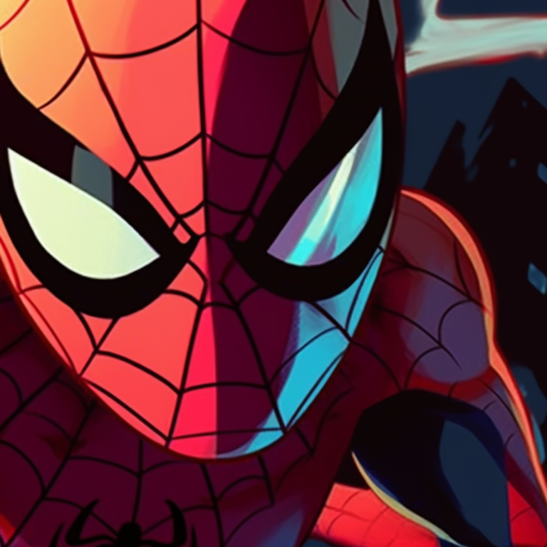 Two Spiderman characters in action poses against a city backdrop, vivid colors and dynamic lines. cartoon matching spiderman pfp pfp for discord.