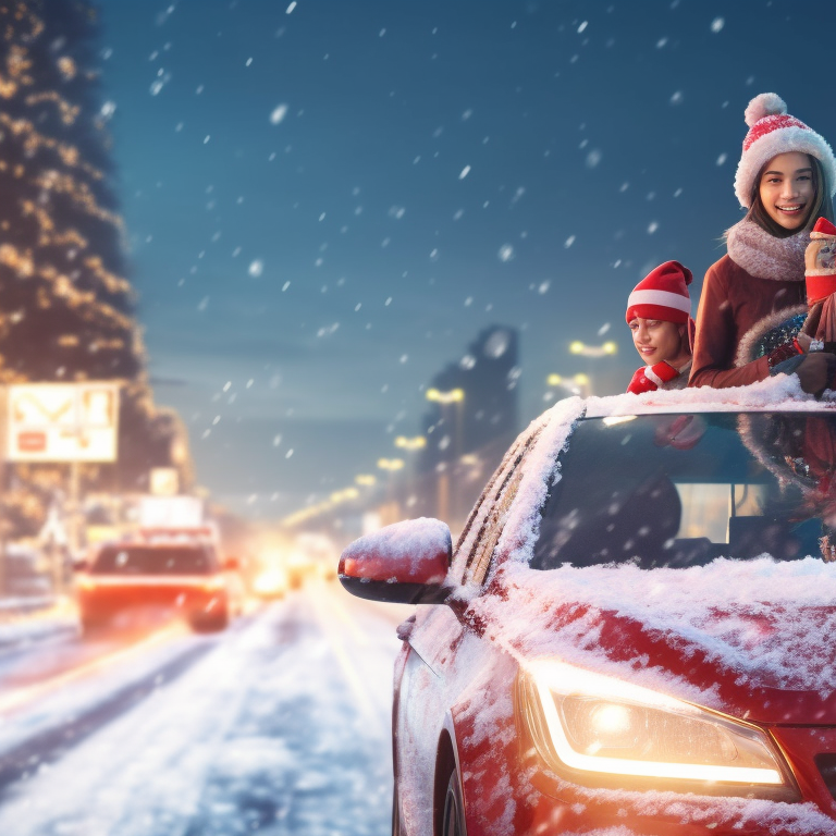 Two characters in winter outfits with frost covered cars, blue icicle lights, high contrast in the anime art style. stunning matching christmas car collections pfp for discord.