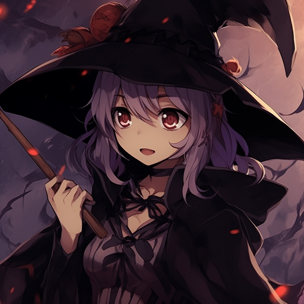 Anime character dressed as a Halloween witch, dark color palette predominantly black and purple. halloween pfp anime genres