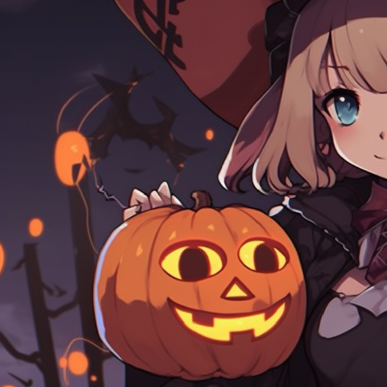Two characters in intricate Halloween attire, a detailed moon on a starry background. unique halloween matching pfp pfp for discord.