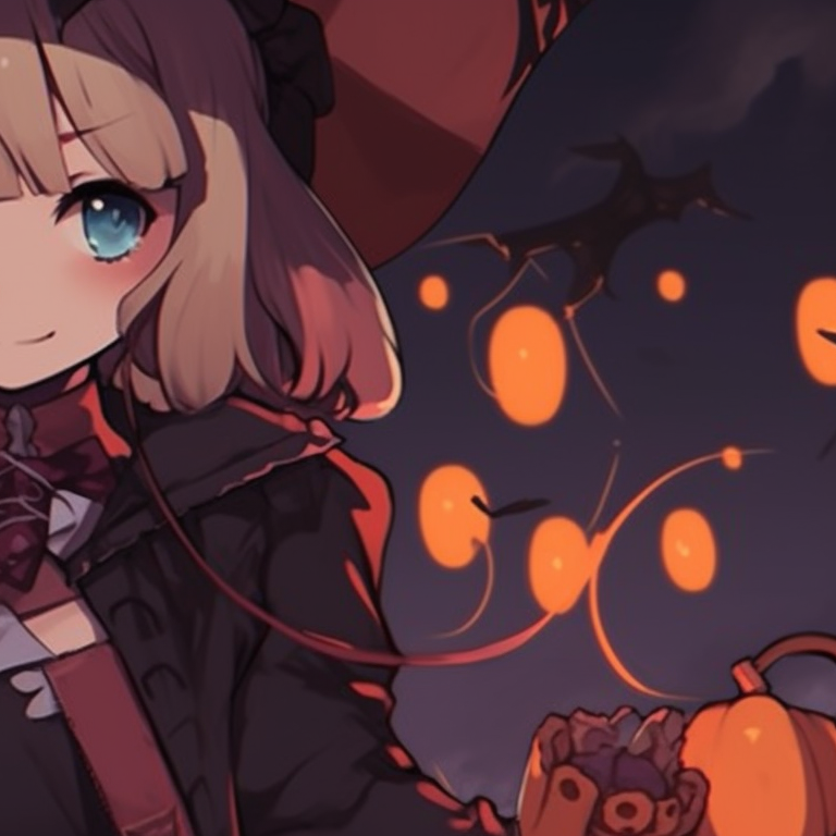 Two characters in intricate Halloween attire, a detailed moon on a starry background. unique halloween matching pfp pfp for discord.