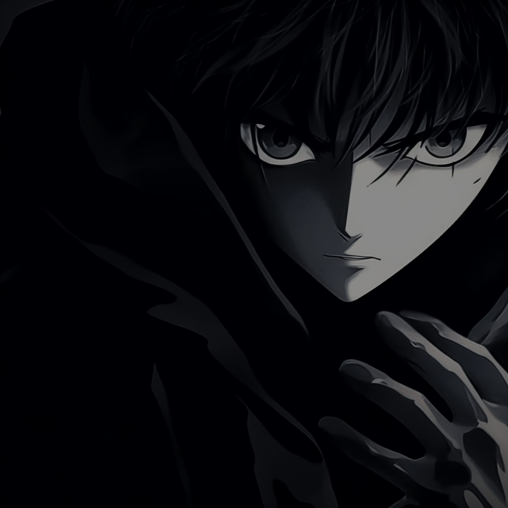 Hiei from Yu Yu Hakusho veiled in shadows, focusing on his Jagan Eye and intricate face details. dark anime pfp gifsHD, free download