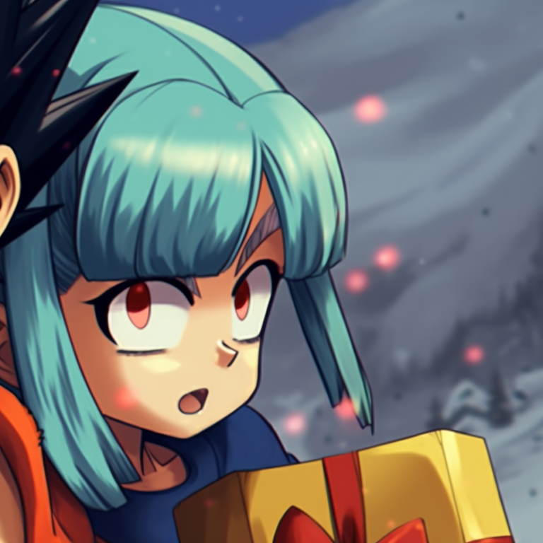 Vegeta in Super Sayan form and Bulma in a Santa dress, bold lines and radiant colors, standing back-to-back. vegeta and bulma dragonball christmas pfp pairing pfp for discord.