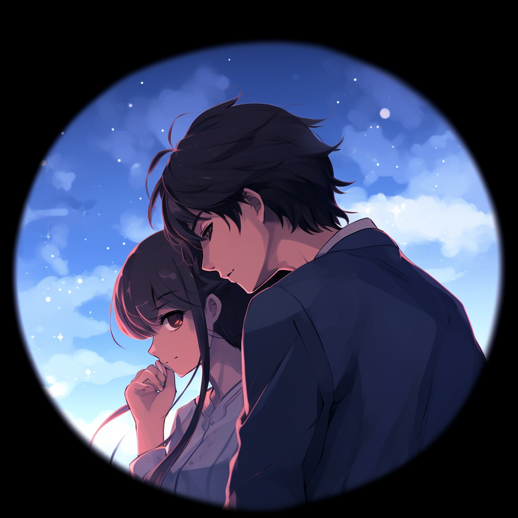 A heartwarming image of an anime couple under a night sky filled with stars, crisp linework and bold colors. cool anime couple pfp