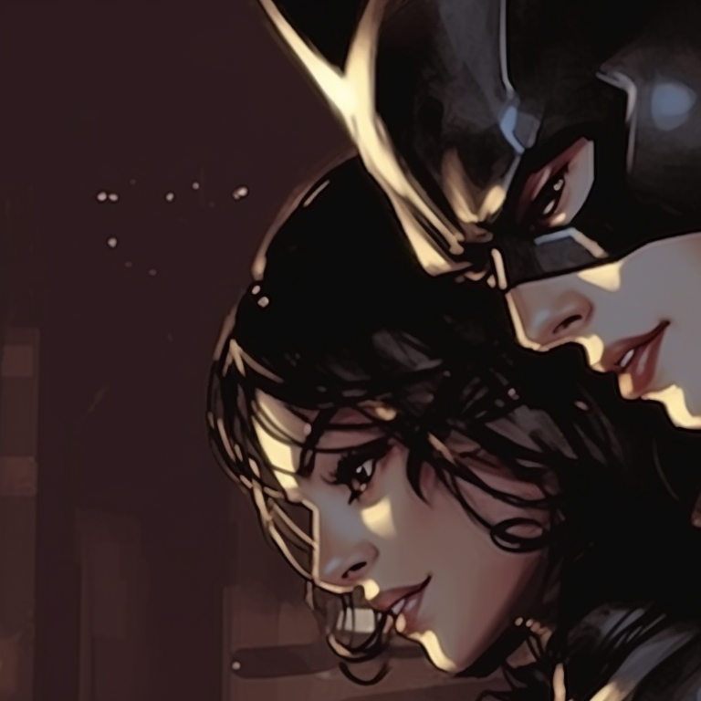 Batman and Catwoman under the bat signal, strong light sourcing and shadows. matching pfp ideas for batman and catwoman fans pfp for discord.