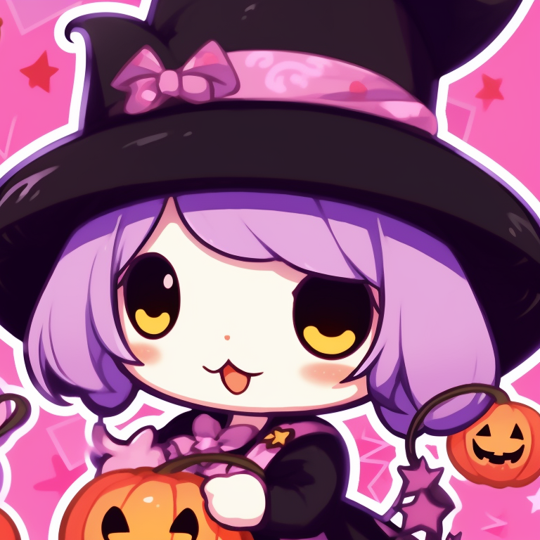 Melody and Kuromi in matching pumpkin headgear, detail emphasized on their playful expressions. halloween themed melody and kuromi matching pfps pfp for discord.