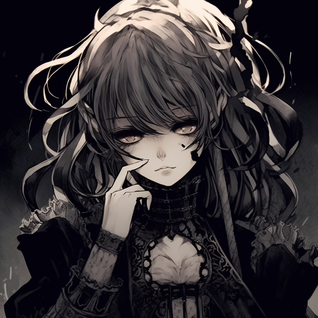 Anime character in Gothic Lolita attire, dark colors and intricate lace details. dark aesthetic girl manga anime pfp pfp for discord.