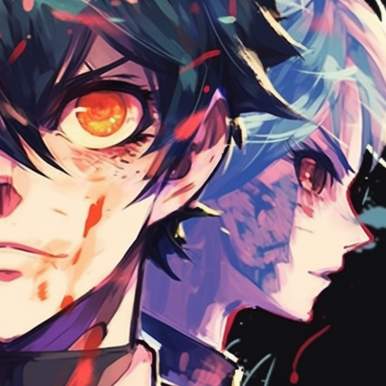 Three characters in battle stances, dramatic lines, and brilliant colors. vibrant matching trio pfp artwork pfp for discord.