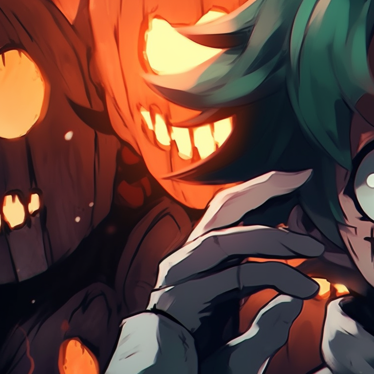 Close-up of Deku whispering to Uraraka, soft blushes and detailed expressions. deku and uraraka halloween edition pfp for discord.