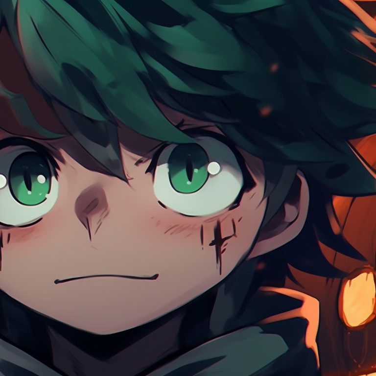 Close-up of Deku whispering to Uraraka, soft blushes and detailed expressions. deku and uraraka halloween edition pfp for discord.