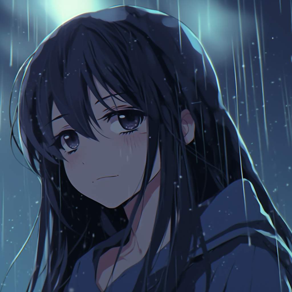 Depressed anime girl mourning in the rain, dulled colors and detailed rain effects. hd depressed anime girl pfp pfp for discord.