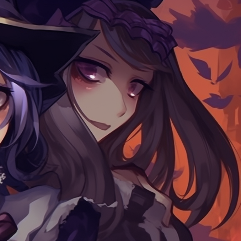 Two characters in haunted house, heavy shadowing with dramatic contrasts. group themed halloween pfp ideas pfp for discord.