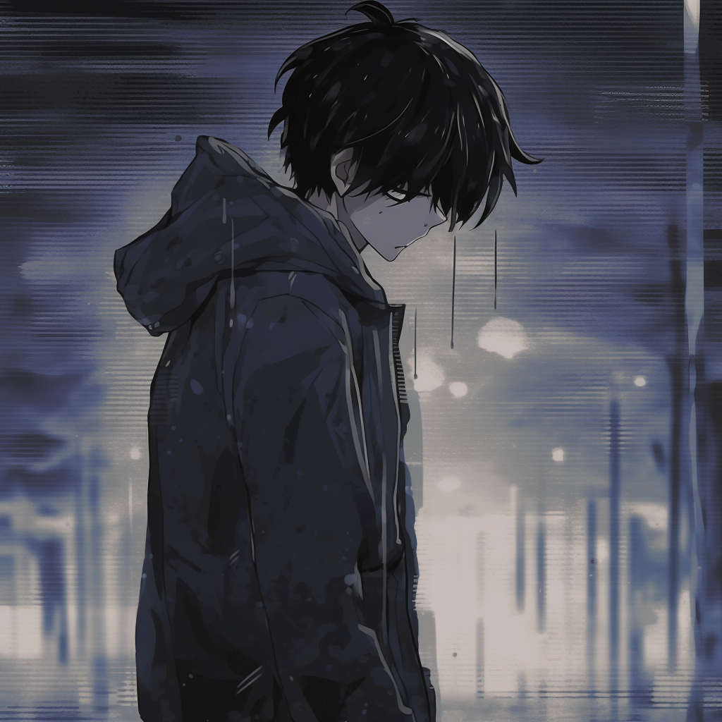 Close up of a female anime character's reflection in a rainy street, attention to detail in the reflection and use of darker tones. melancholic pfp selections