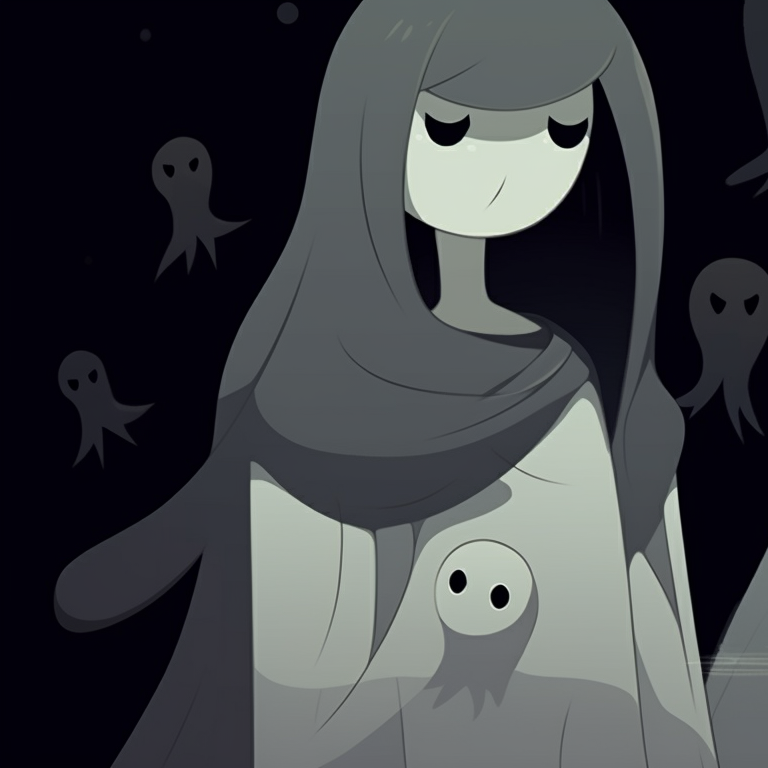 Two giggling ghost characters, soft gradient hues, their laughter visible as flying spirits. popular matching ghost pfp halloween theme trends pfp for discord.