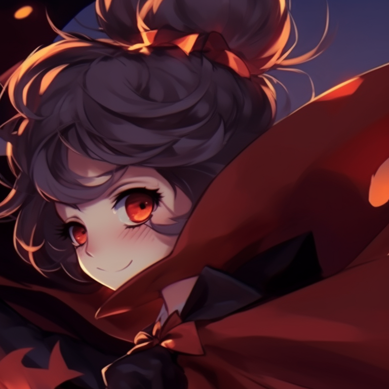 Close-up profiles of two characters, glowing eyes and grim expressions, dressed as classic horror film characters. anime halloween pfp ideas pfp for discord.