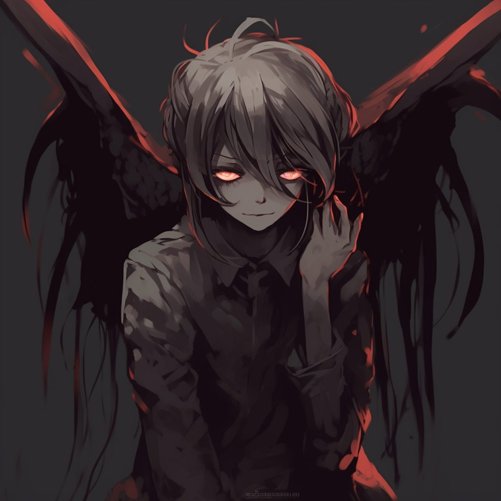 Anime depiction of a fallen angel with demon wings; muted color palette; somber art style. demonic anime pfp for girls pfp for discord.